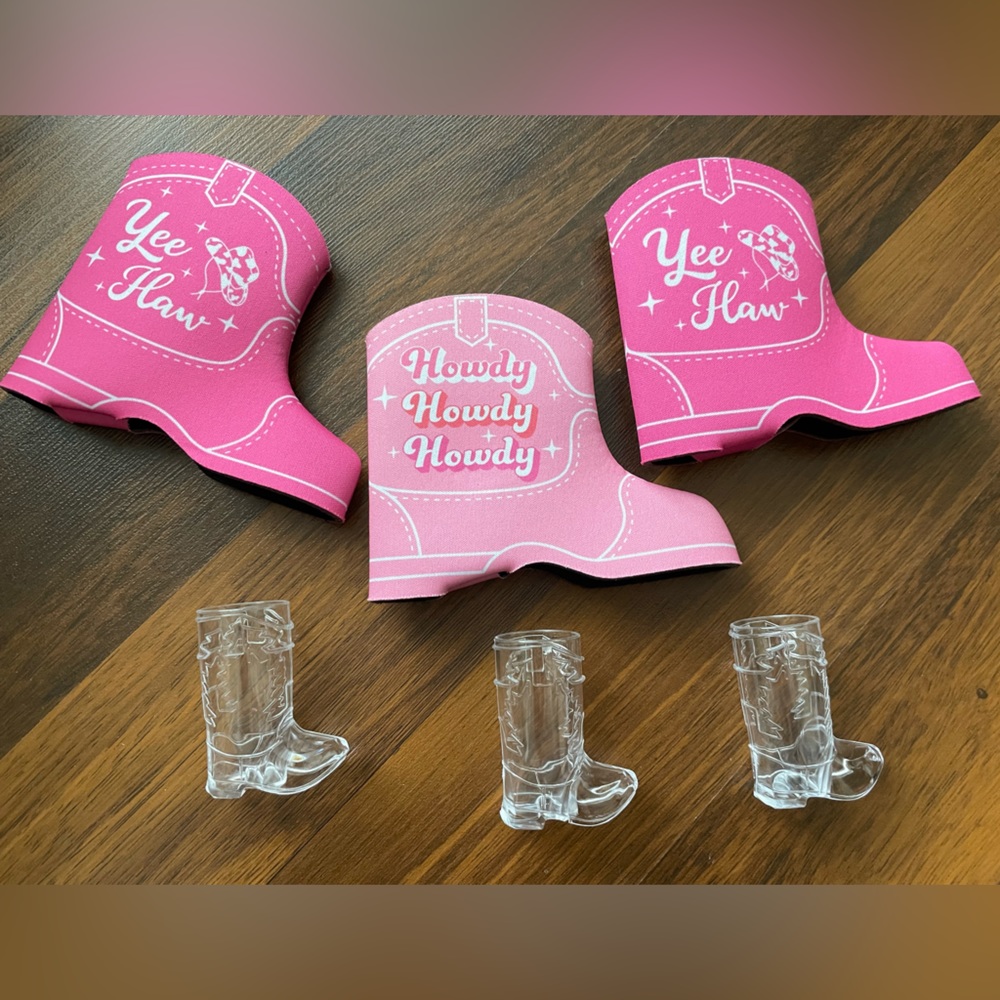 Bachelorette Cowboy boot Koozies and shot glasses